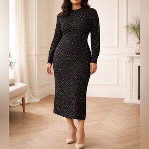 Dancing Leopard Dove Black Abstract Print Long Sleeve Bodycon Stretch Midi Dress